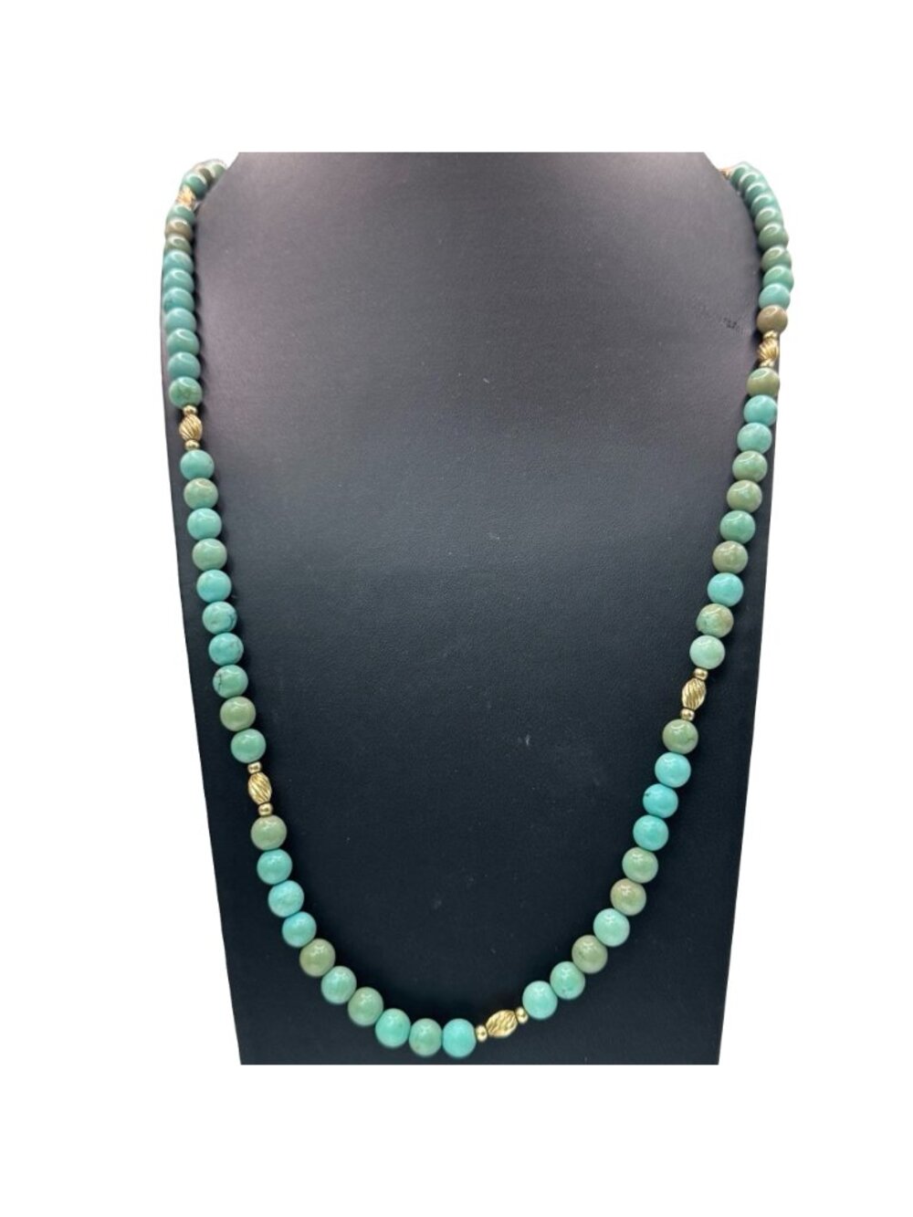 Amazonite Beaded Necklace Turquoise Color Beaded 14k Gold Accents & Clasp 30" - Picture 2 of 9